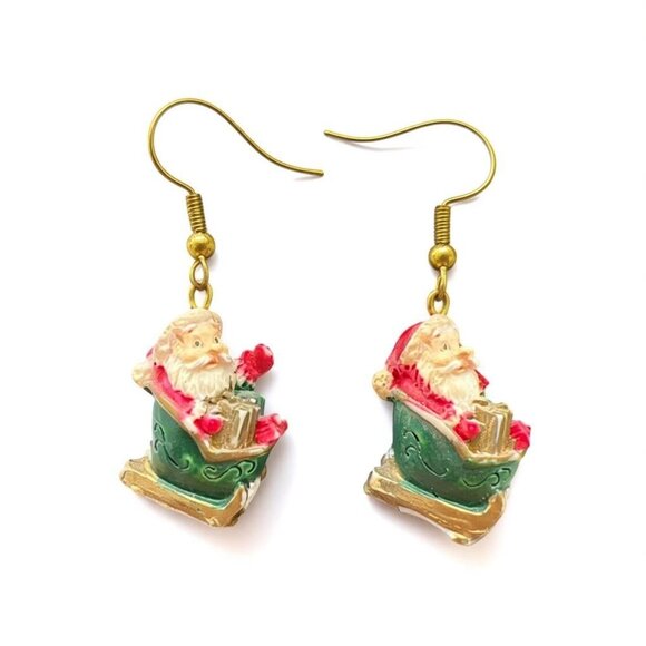 Vintage Christmas Santa Sleigh Dangle Earrings Festive Holiday Jewelry - Picture 1 of 6